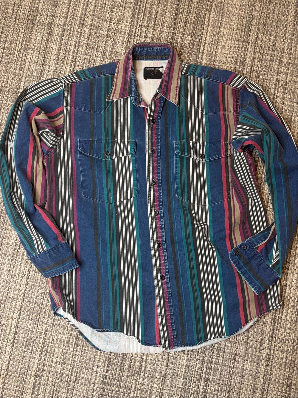 Vintage Frontier Series Striped Button-Up Shirt in Teal, Navy & Magenta (C)
